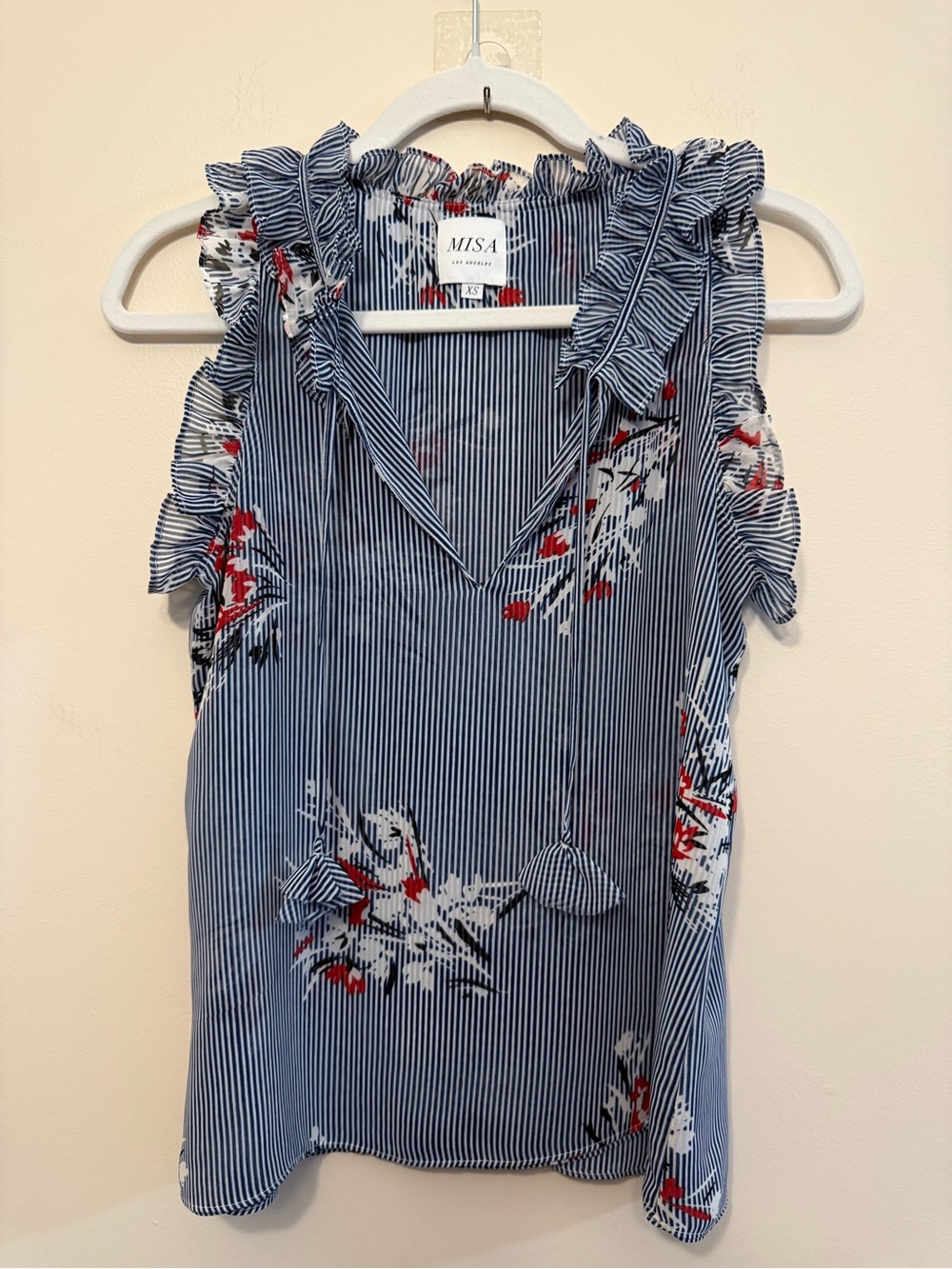 Misa Los Angeles Navy & White Striped Floral Ruffle Tie-Front Camisole